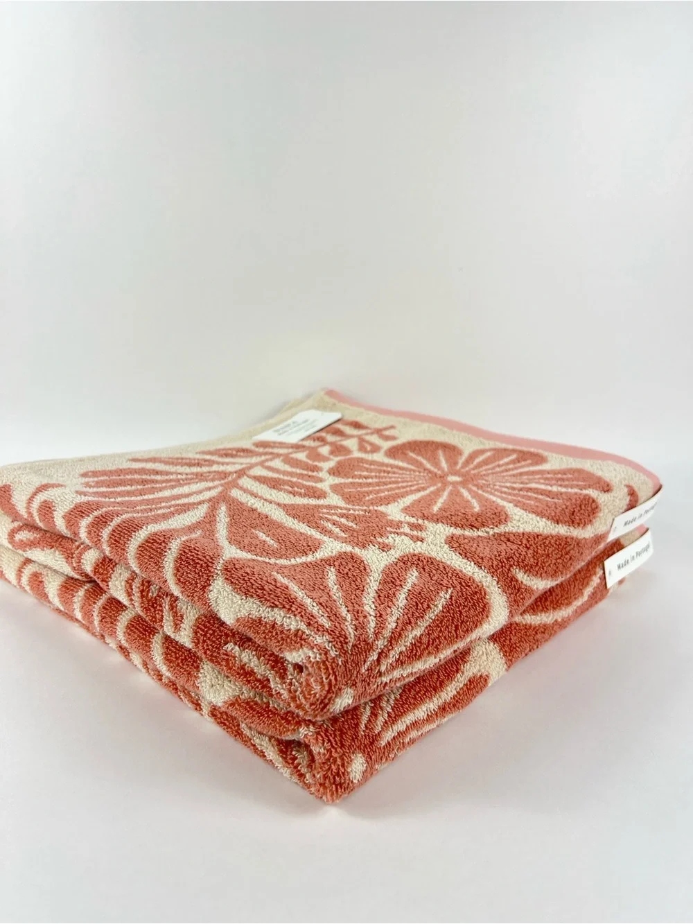 Bianca Bath Towel Set Bold Floral Design Pink Cream Cotton Portugal 2 Pc NEW